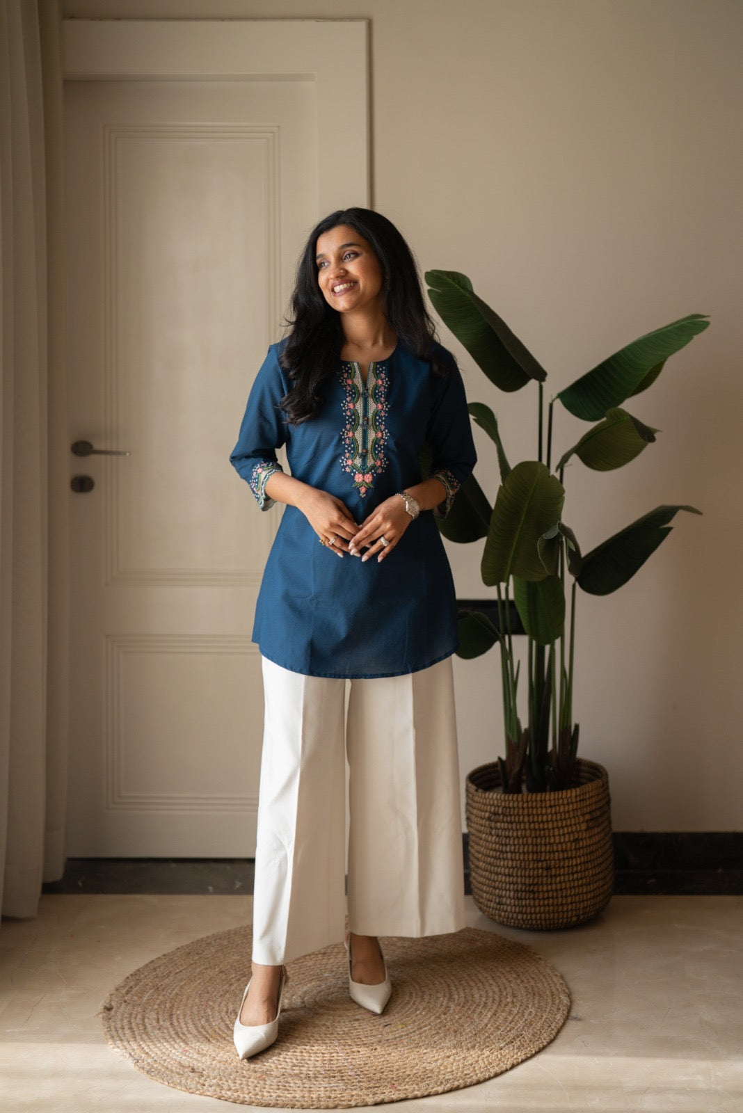 Roma Embroidered Cotton Top- Blue