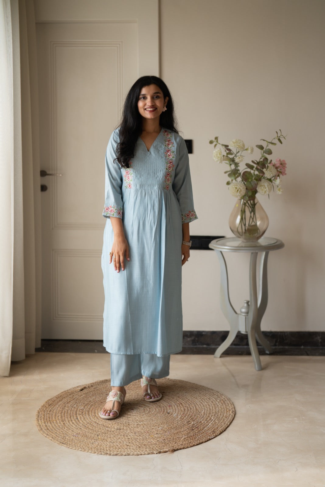 Amber Muslin Embroidered Pant Set- Pastel Blue