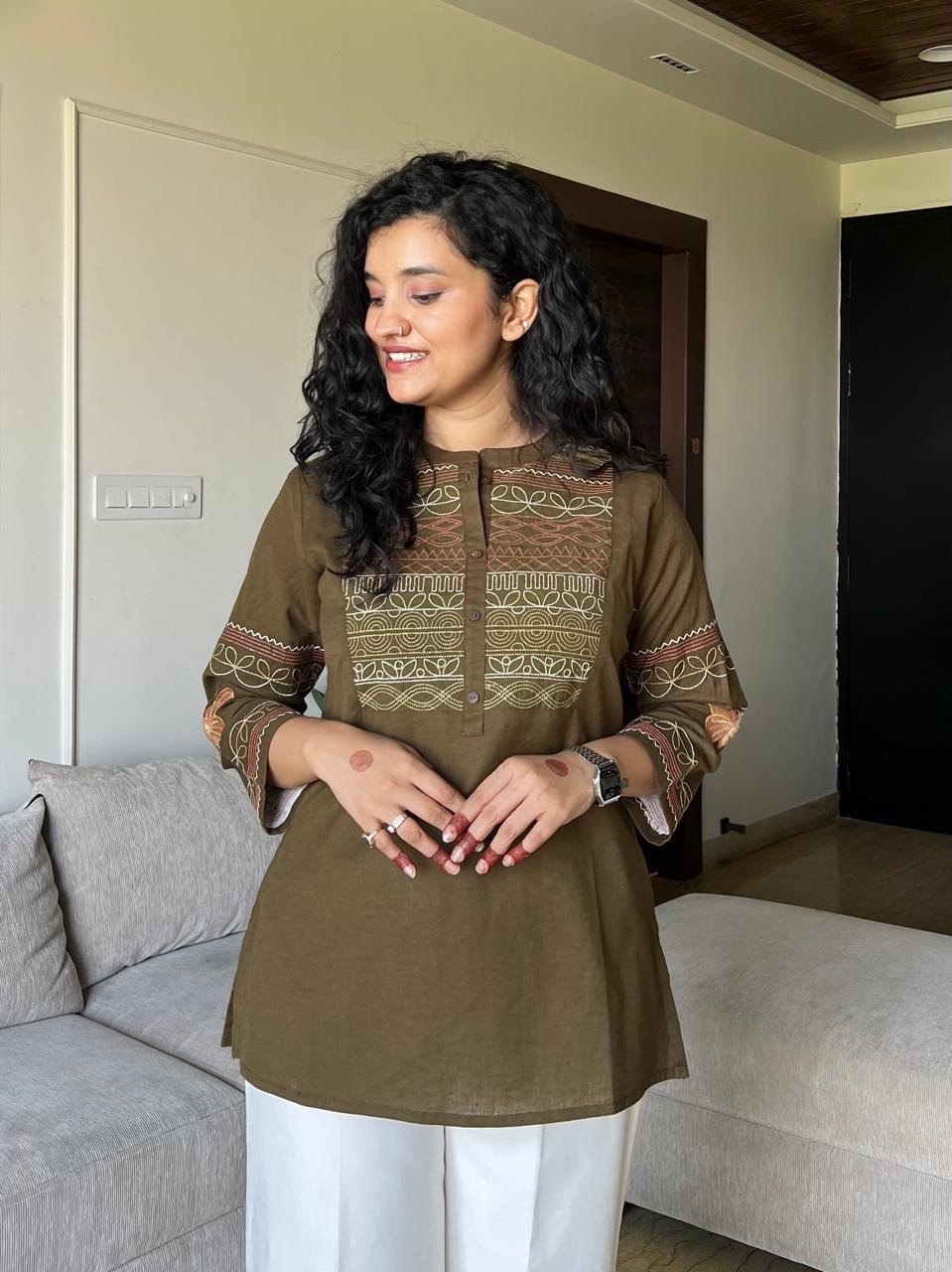 Netra Embroidered Closed Neck Top- Olive