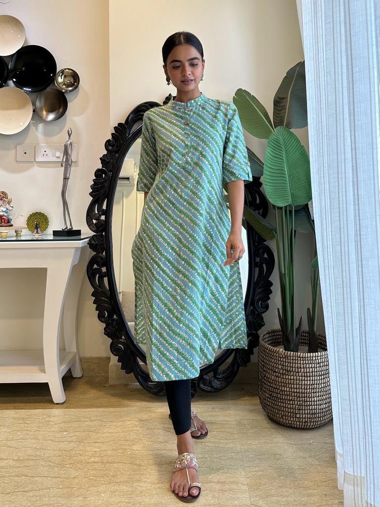 Weekend Cotton Kurta- Blue Green Bandhej