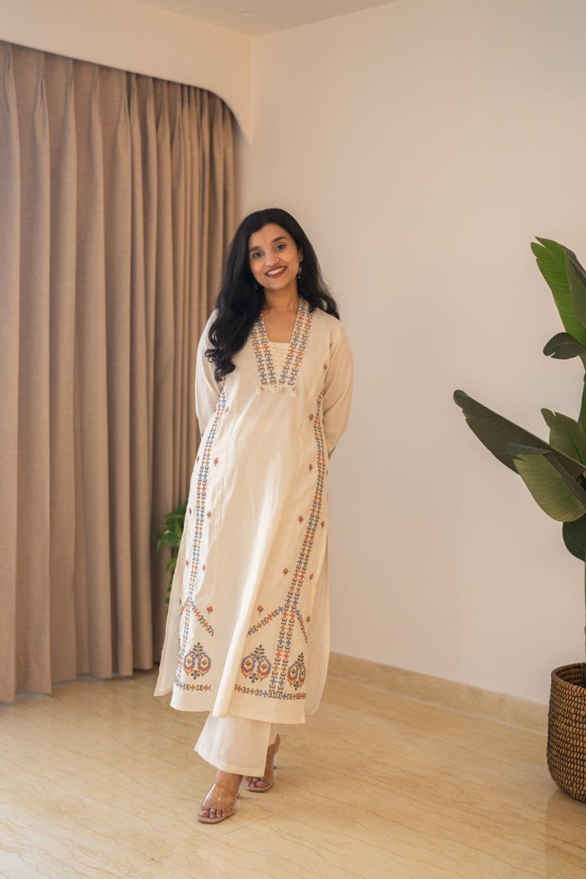 Tamana Embroidered A-line Suit- Off White
