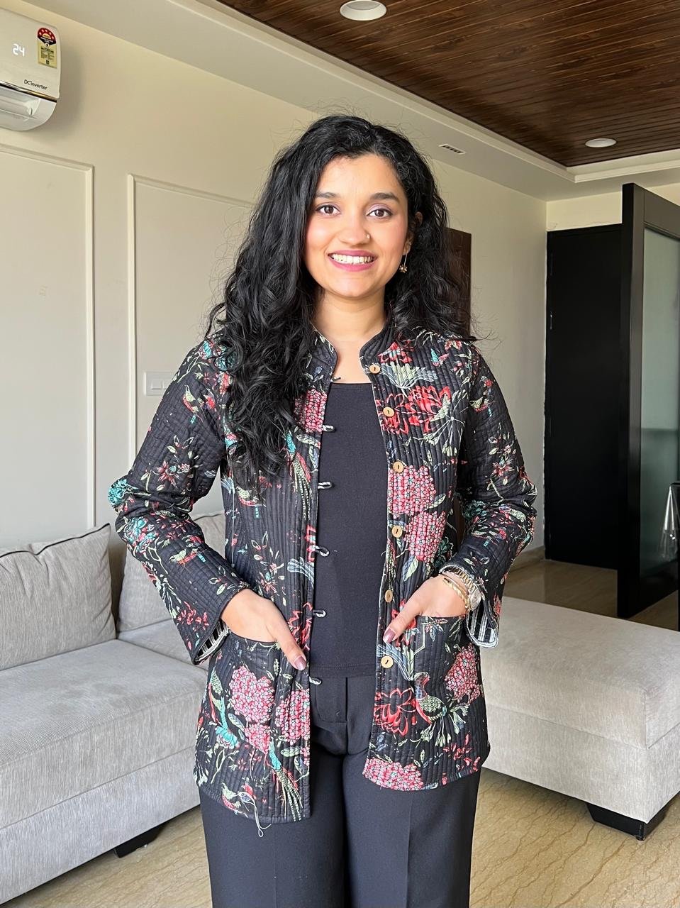 Reversible Quilted Jacket- Black Colorful Florals