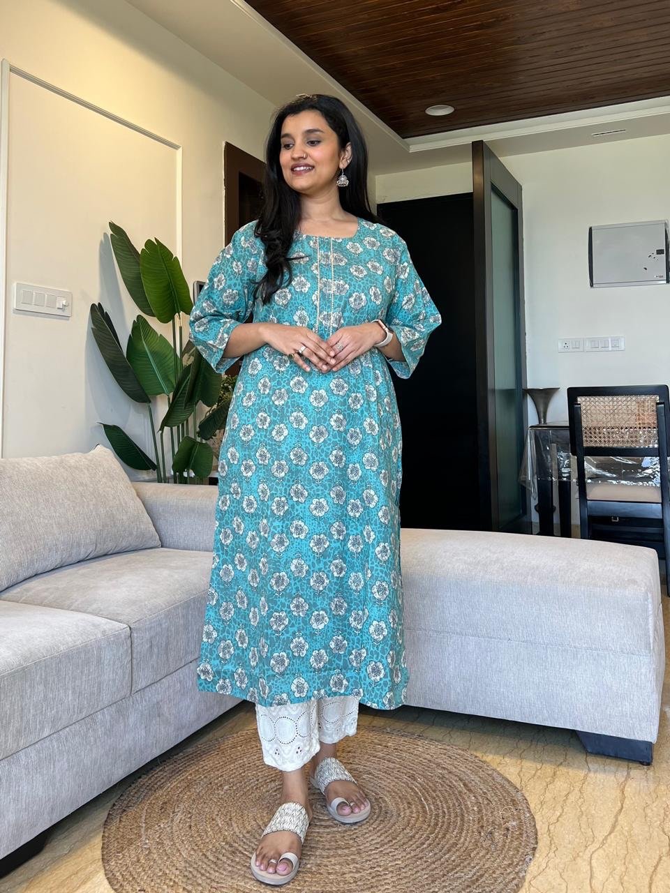 Gota Cotton Kurta- Blue phool
