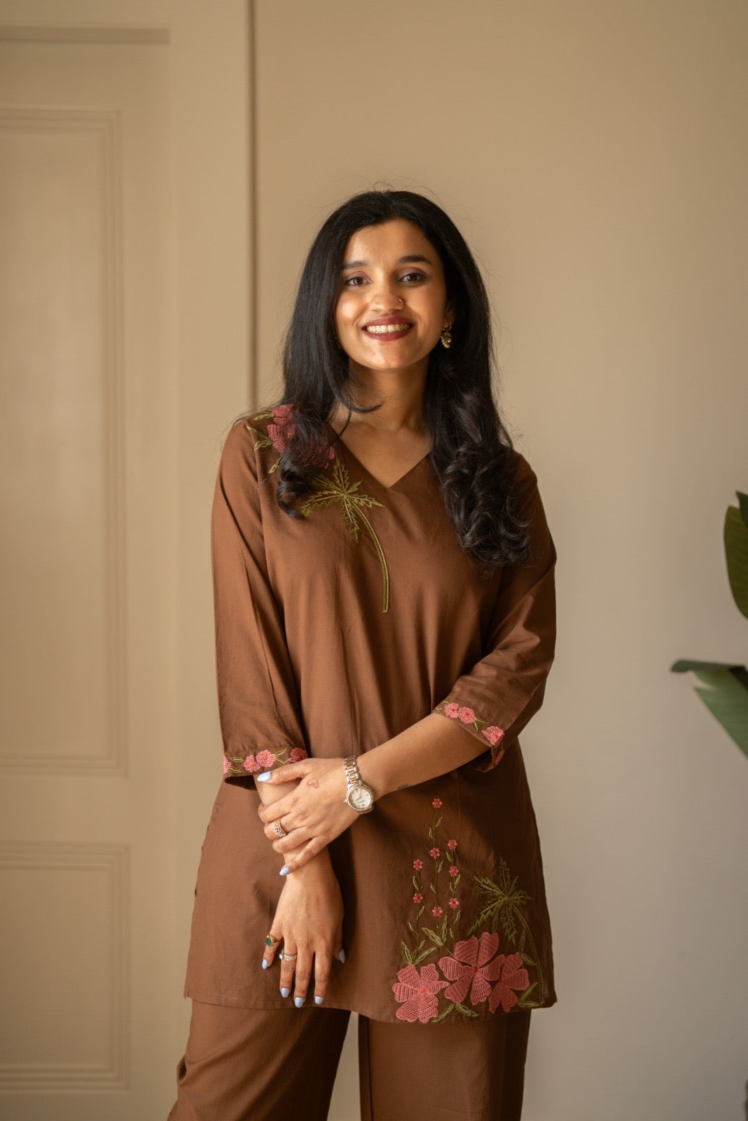 Ginni Embroidered Cotton Coord Set- Brown