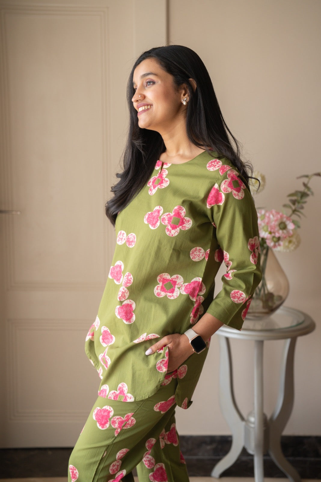 Rika Cotton Lounge Set- Green Florals