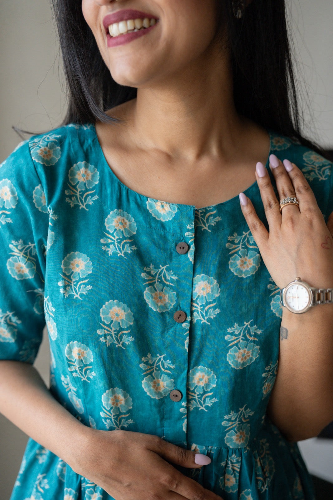 Drishy Maternity Cotton Dress- Blue Booti