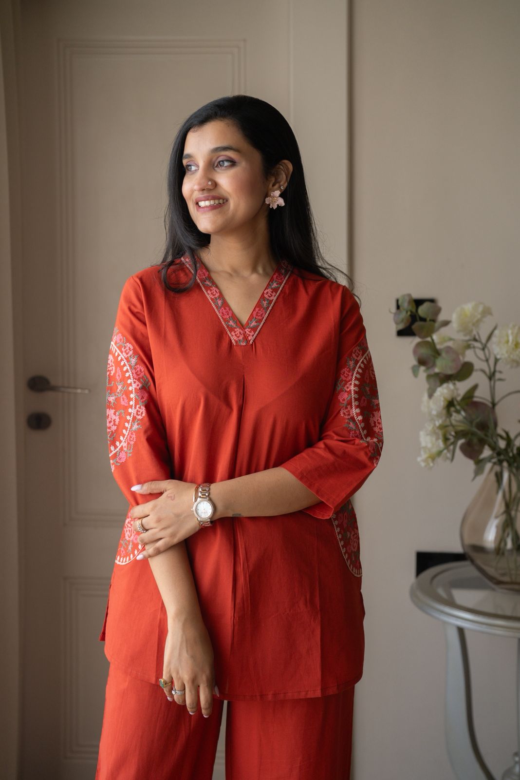 Risha Embroidered Coord Set- Orange