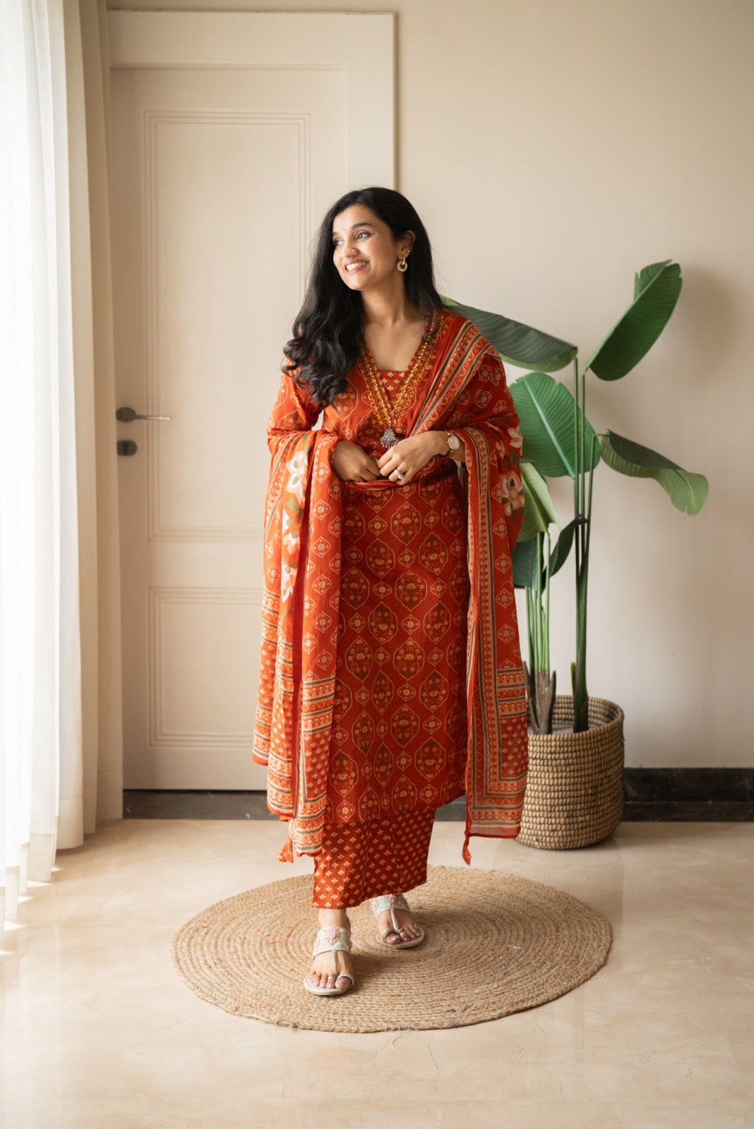 Suryana Cotton Suit- Orange Mehrab