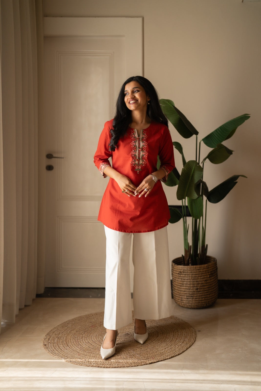 Roma Embroidered Cotton Top- Rust