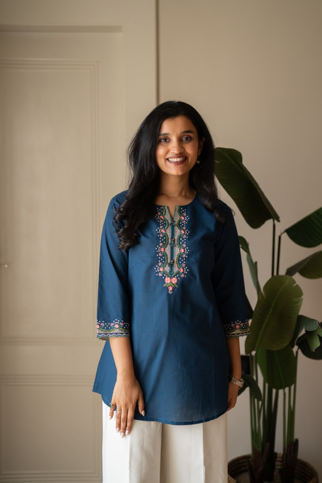 Roma Embroidered Cotton Top- Blue