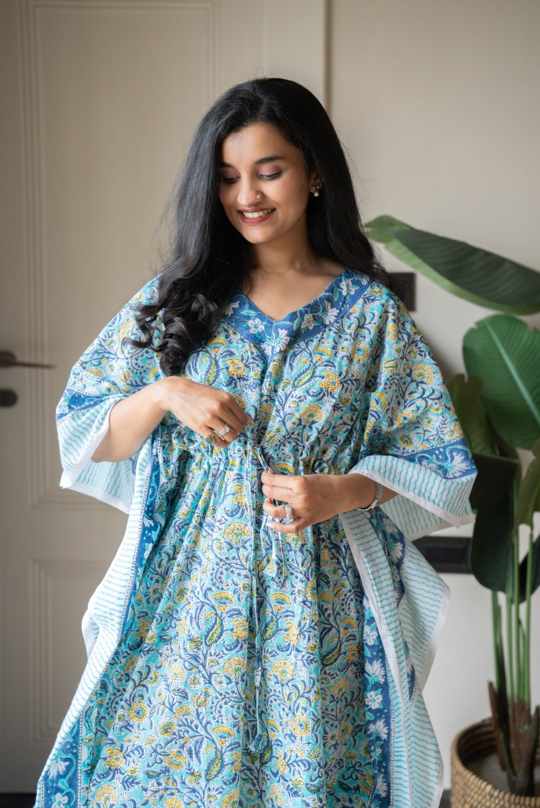 Kashi Block Print Kaftan- Aqua