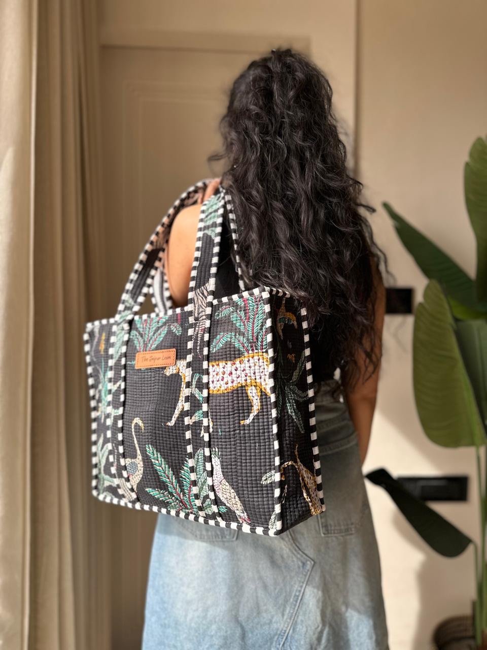 Quilted Tote Bag- Black Jungle