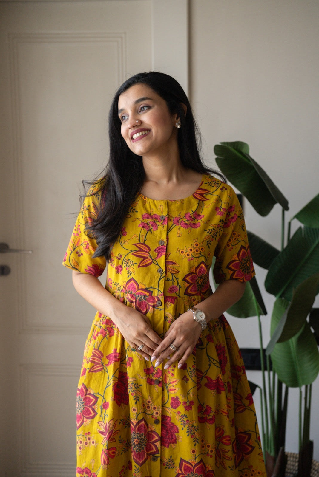Drishy Maternity Cotton Dress- Mustard Florals