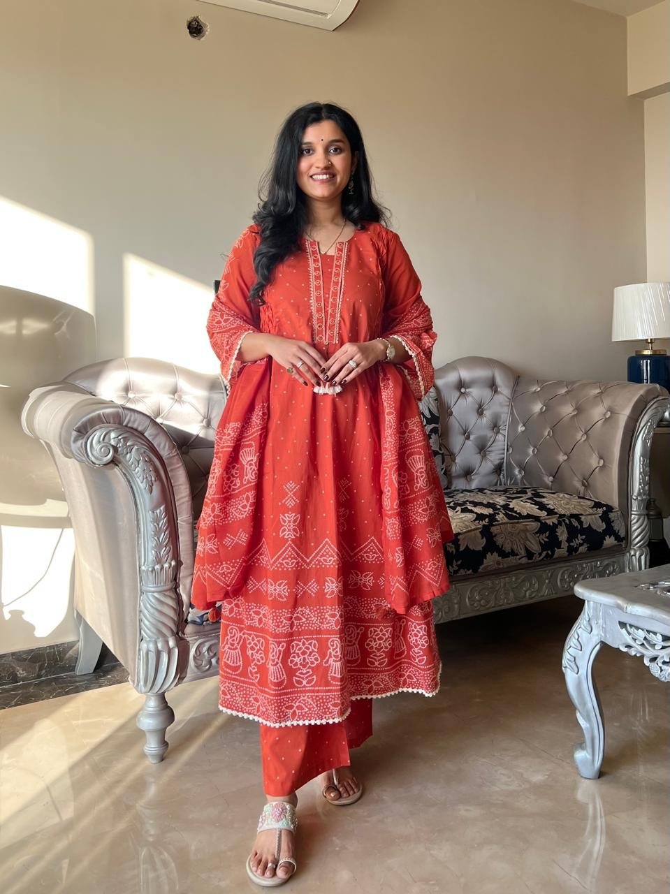 Ramaya Bandhej Flared Set- Orange