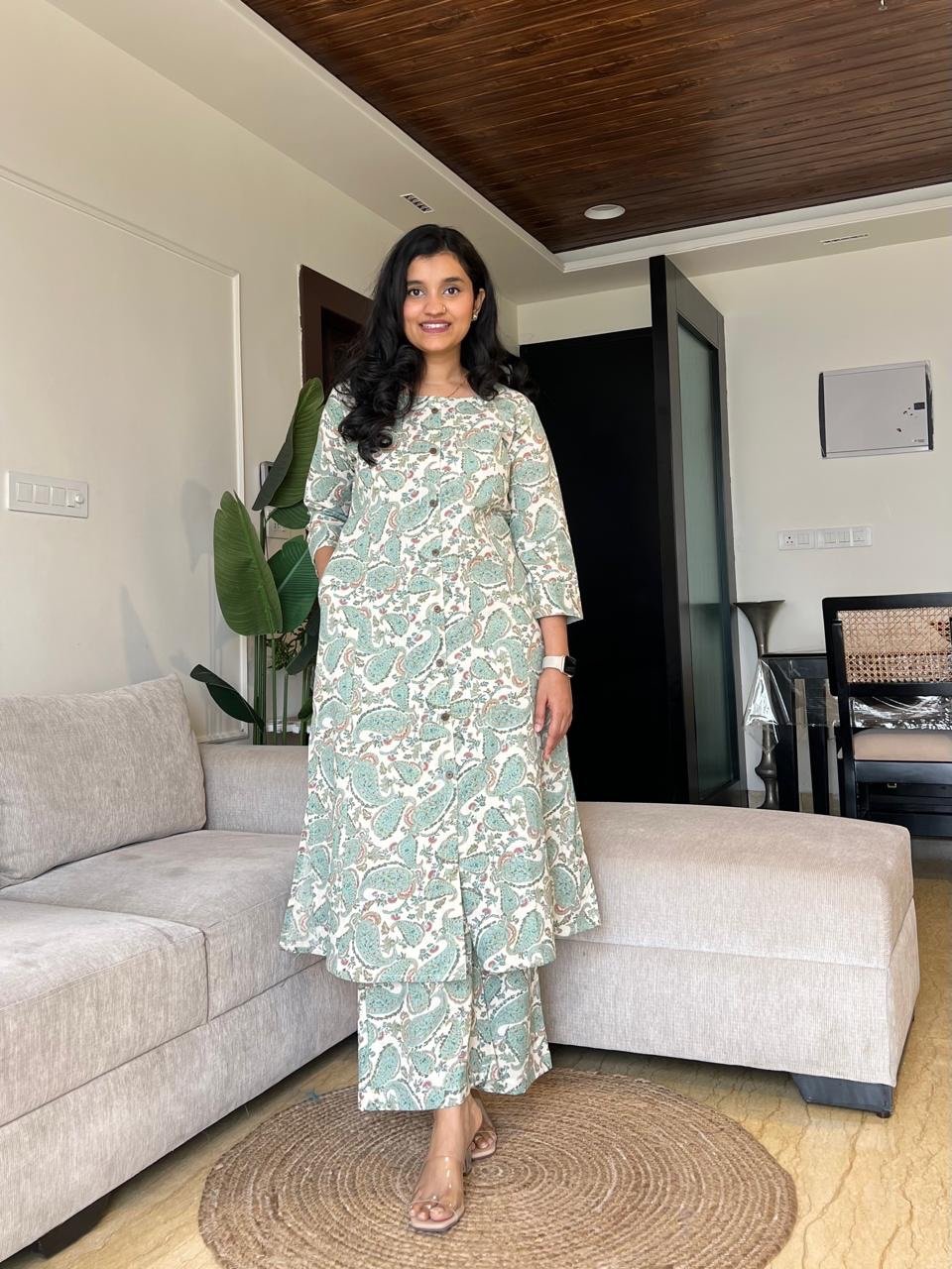 Sheena A-line Cotton Set- Green Paisley