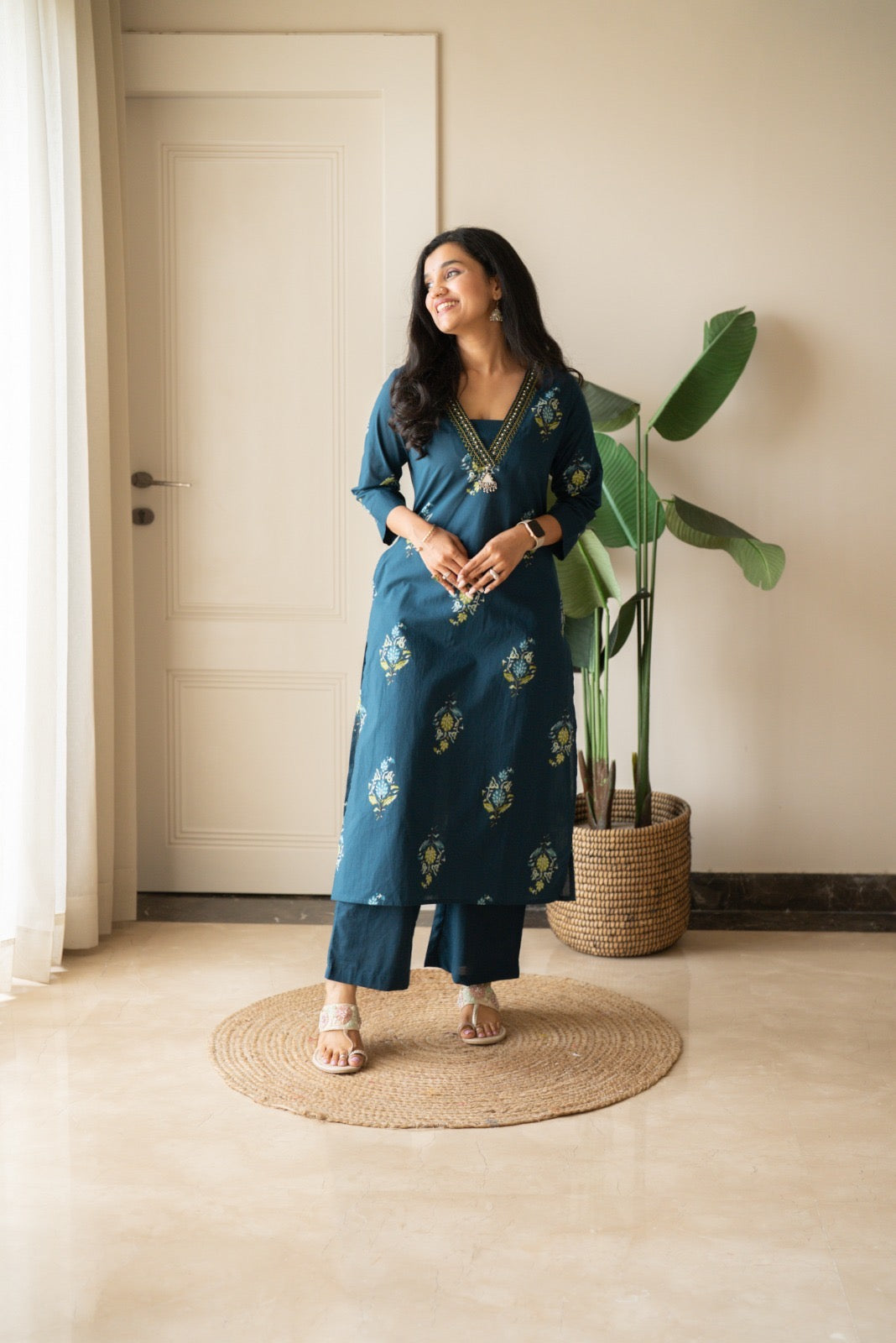 Zasha Cotton Suit- Teal Boota