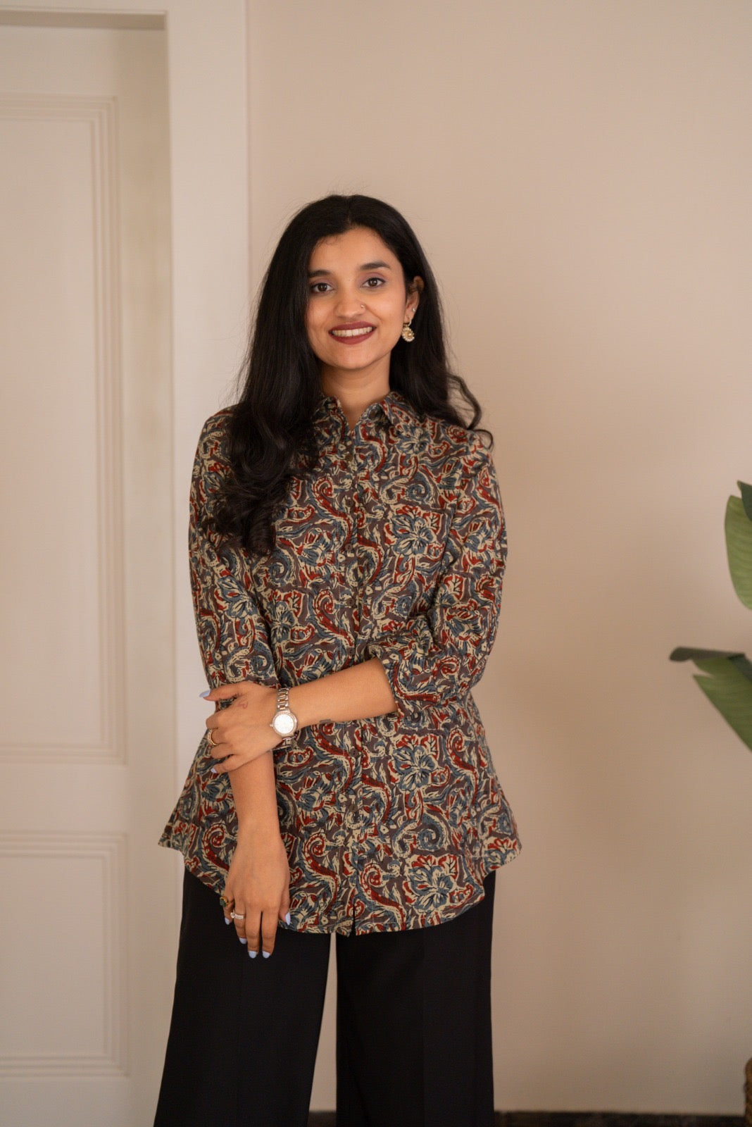 Zora Slub Cotton Shirt- Grey Ajrakh