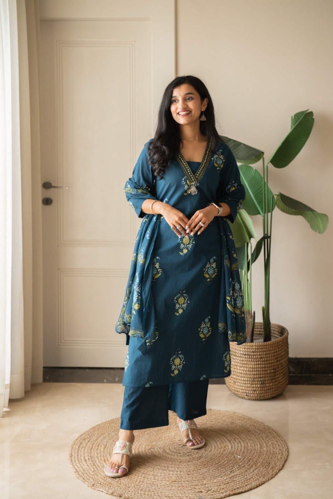 Zasha Cotton Suit- Teal Boota
