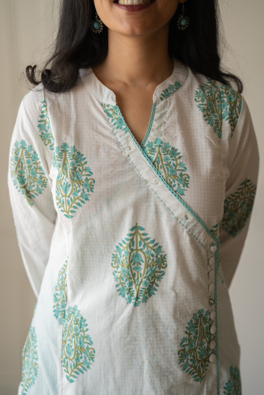 Ruh Angrakha White Boota Set- Green