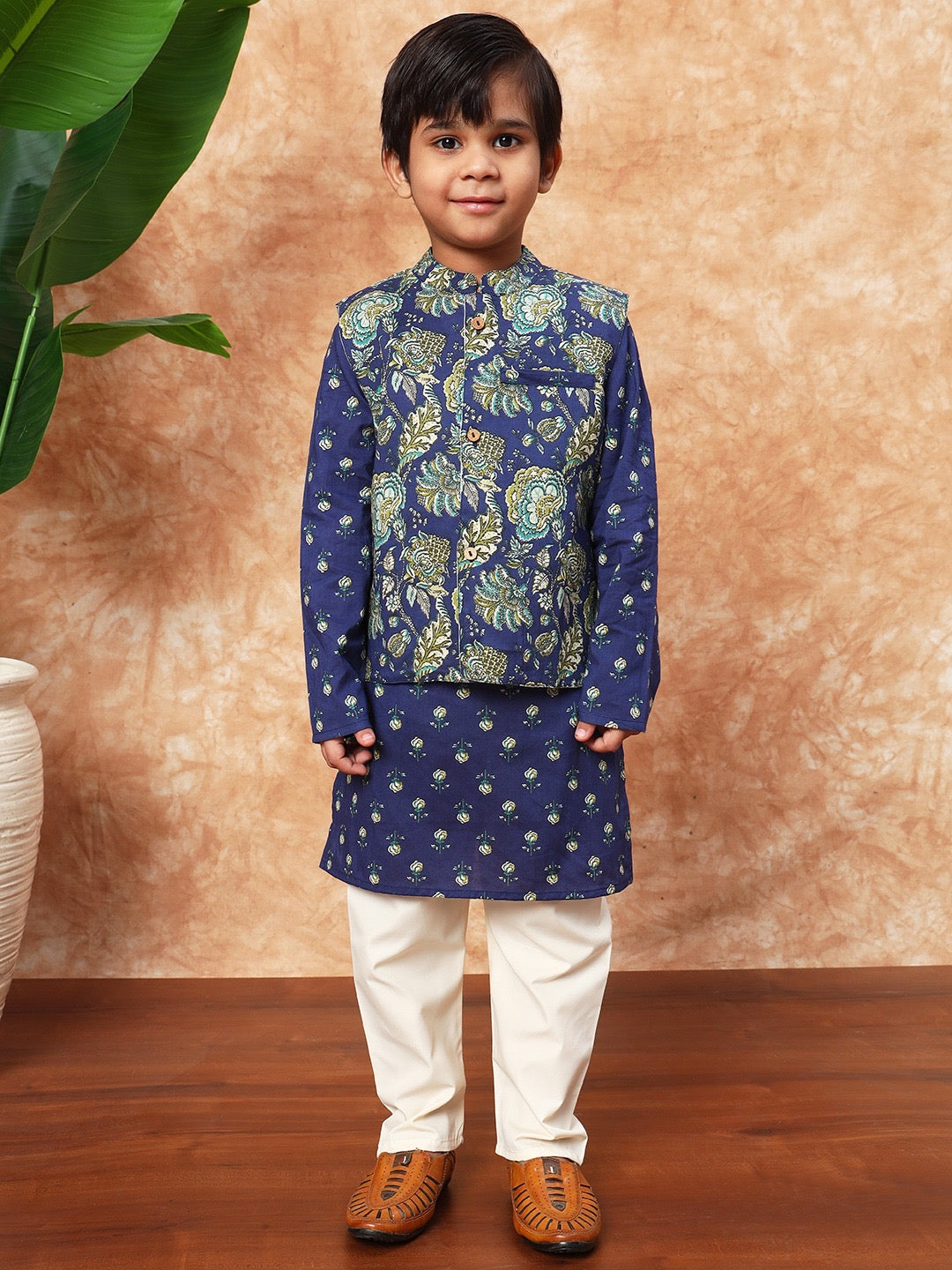 Sitara Boys’ Jacket Set- Blue Mughal Jaal
