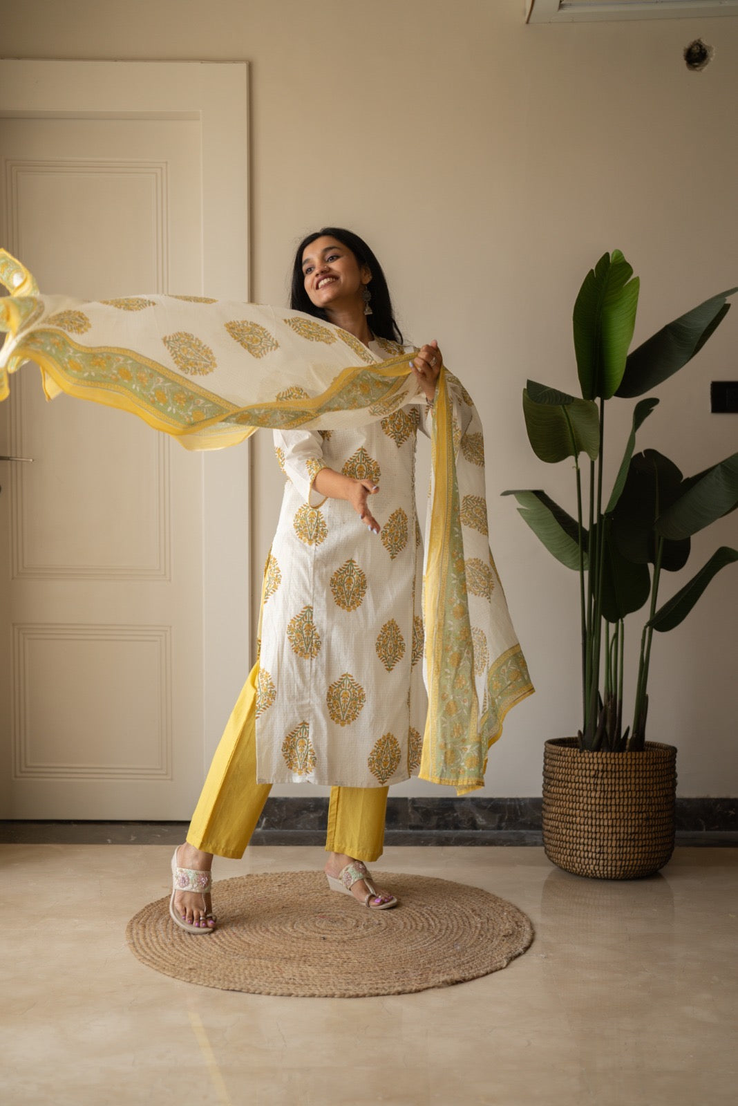 Ruh Angrakha White Boota Set- Yellow
