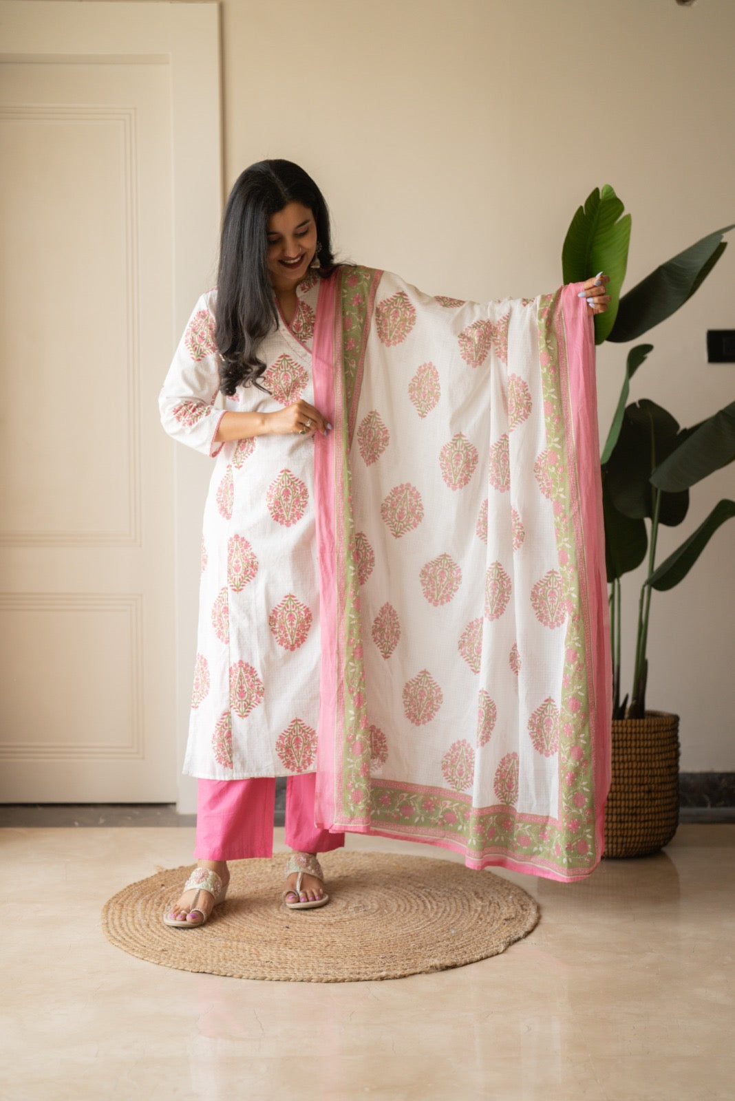 Ruh Angrakha White Boota Set- Pink