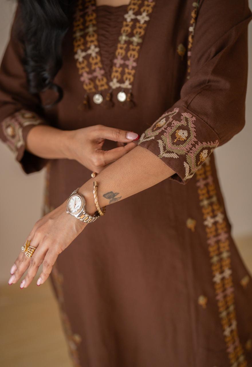 Tamana Embroidered A-line Suit- Brown