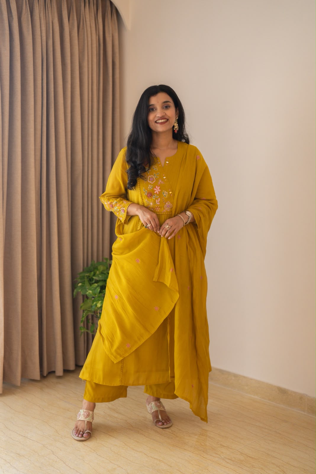Aaina Embroidered Mul Chanderi Suit- Mustard