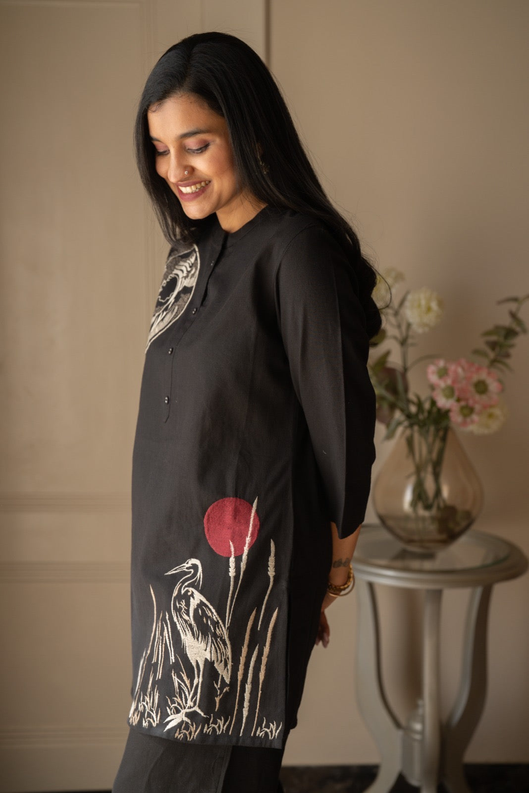 Aarya Elegant Slub Coord Set- Black