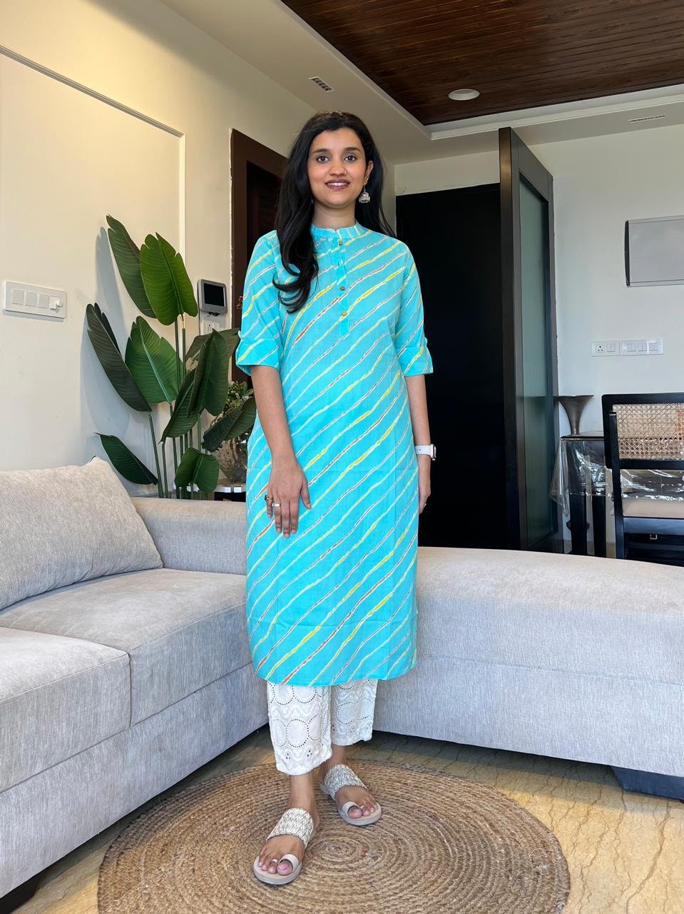 Weekend Cotton Leheriya Kurta- Blue