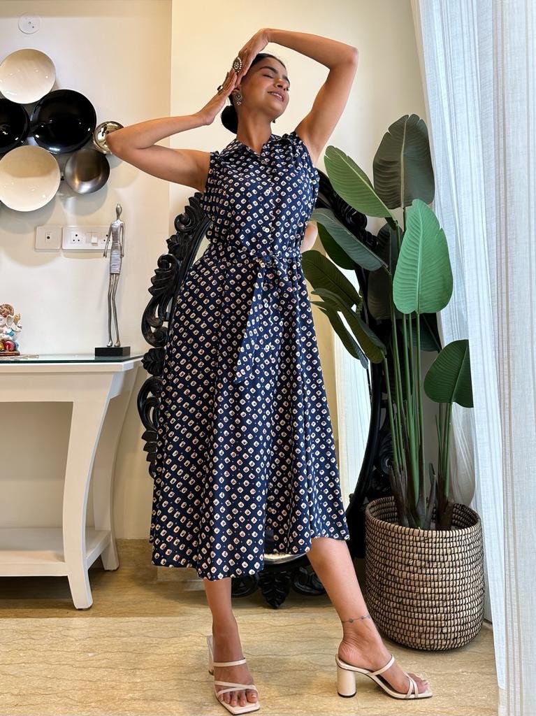 Navy Booti Dress With Pocket