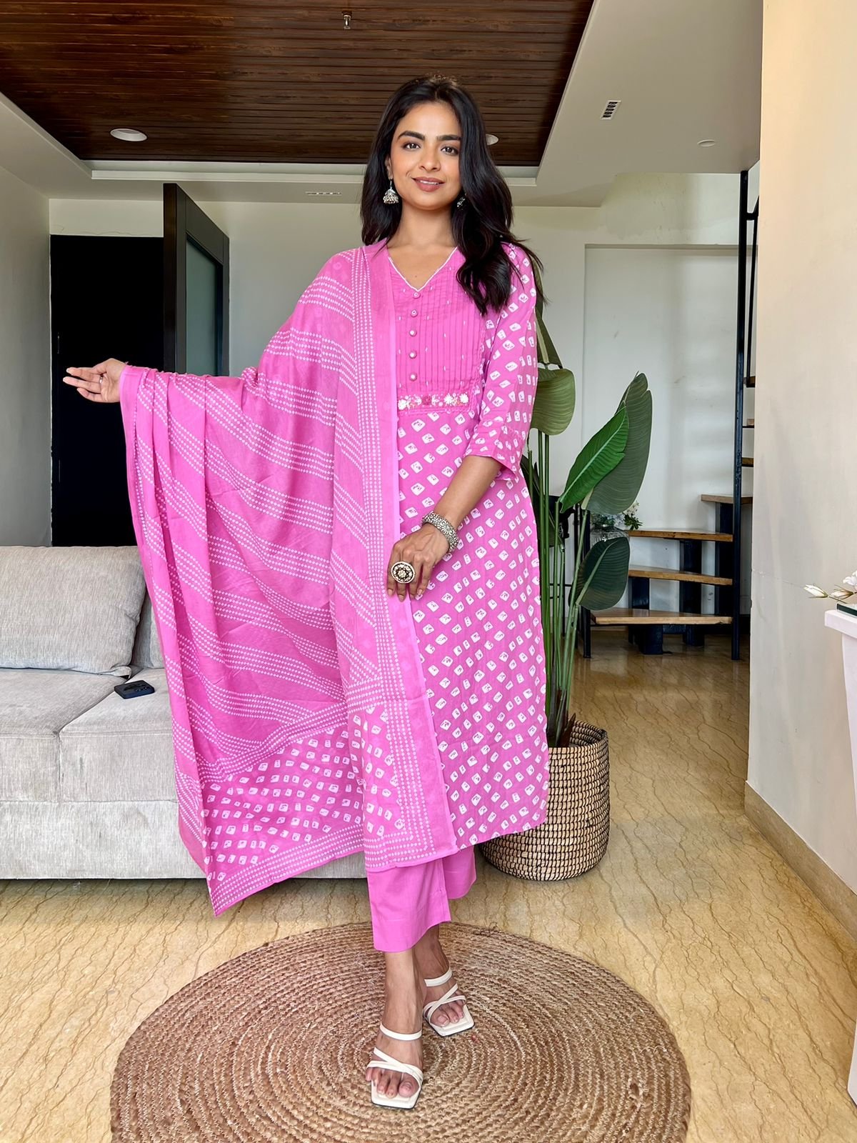 Sanaya Bandhej Cotton Sets - Pink