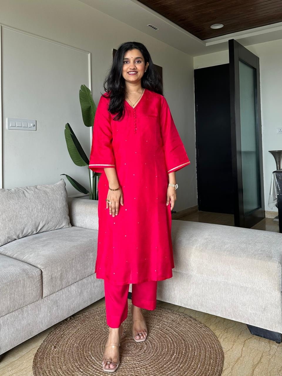 Ruhaana Mul Chanderi Luxe Set- Hot Pink