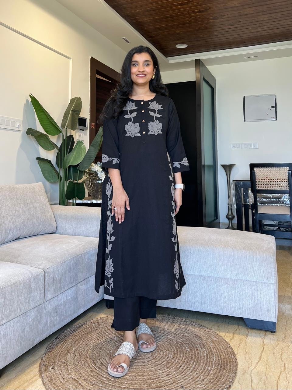 Gul Embroidered Cotton Pant Set- Black