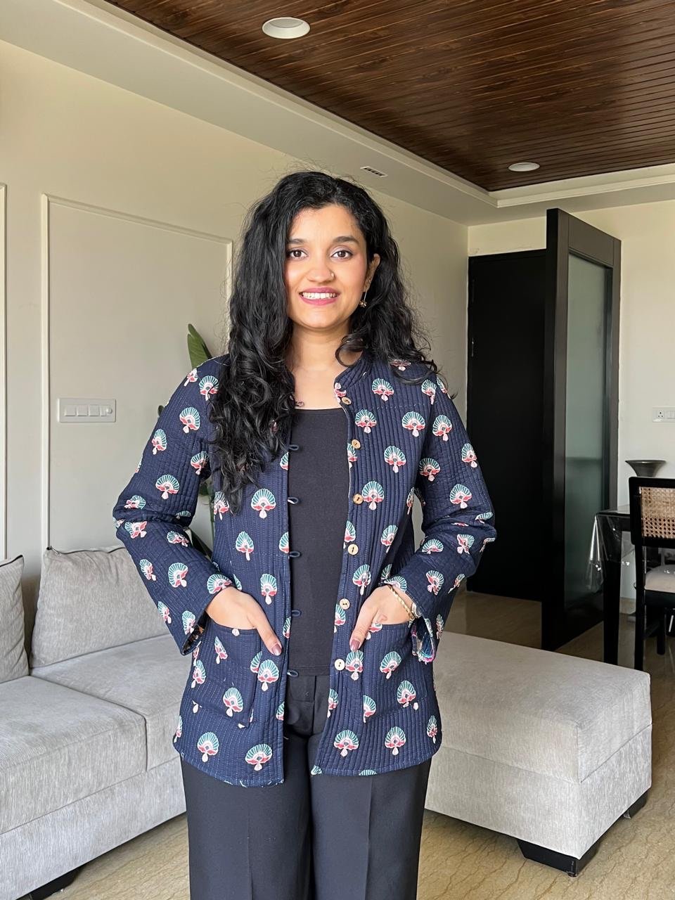 Reversible Quilted Jacket- Blue and Mix Boota
