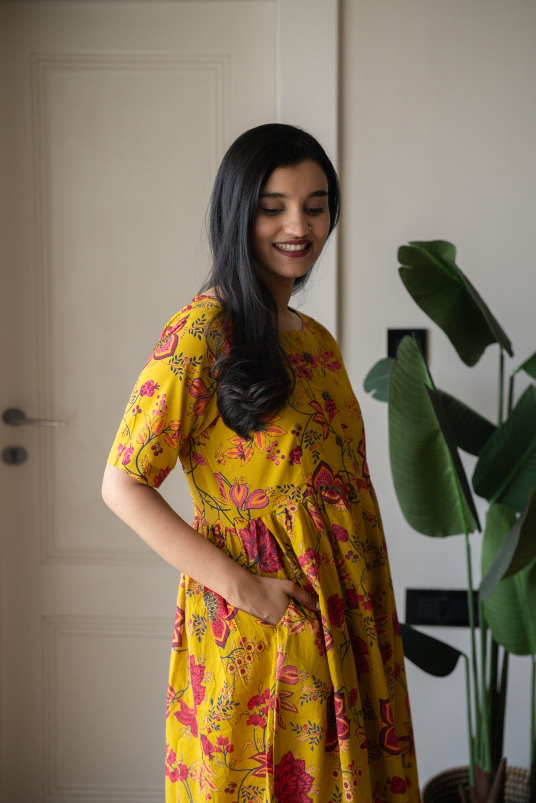 Drishy Maternity Cotton Dress- Mustard Florals