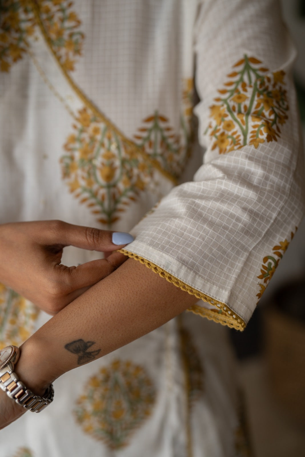 Ruh Angrakha White Boota Set- Yellow