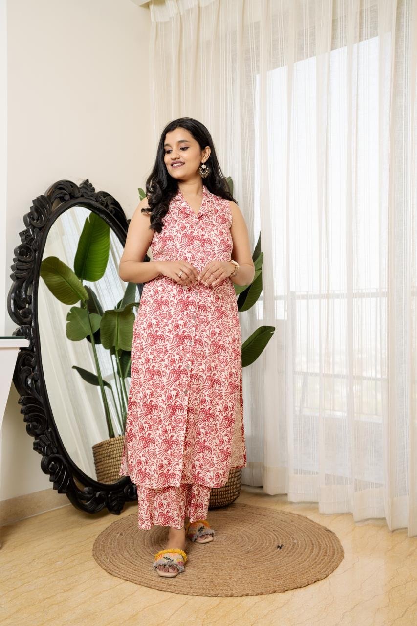 Sleeveless Coord Set- White Pink Jaal