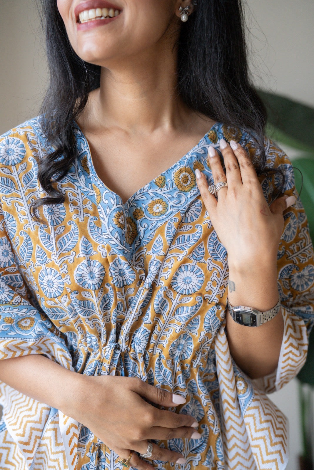 Kashi Block Print Kaftan- Brown Blue Booti