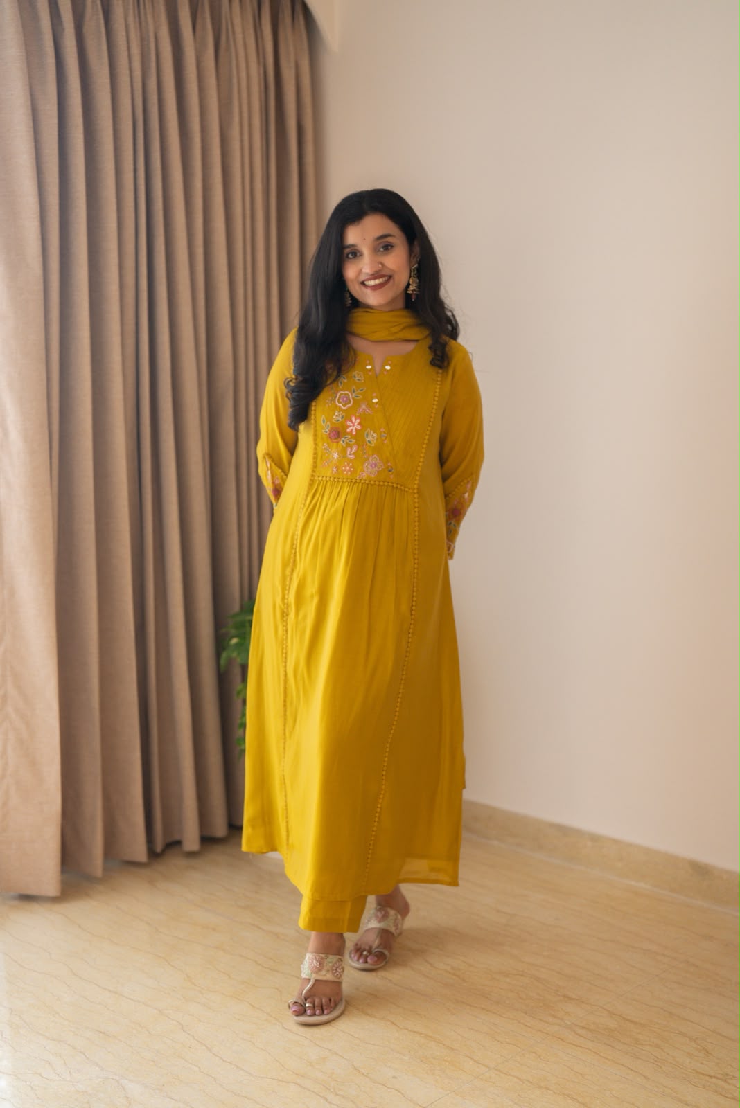 Aaina Embroidered Mul Chanderi Suit- Mustard