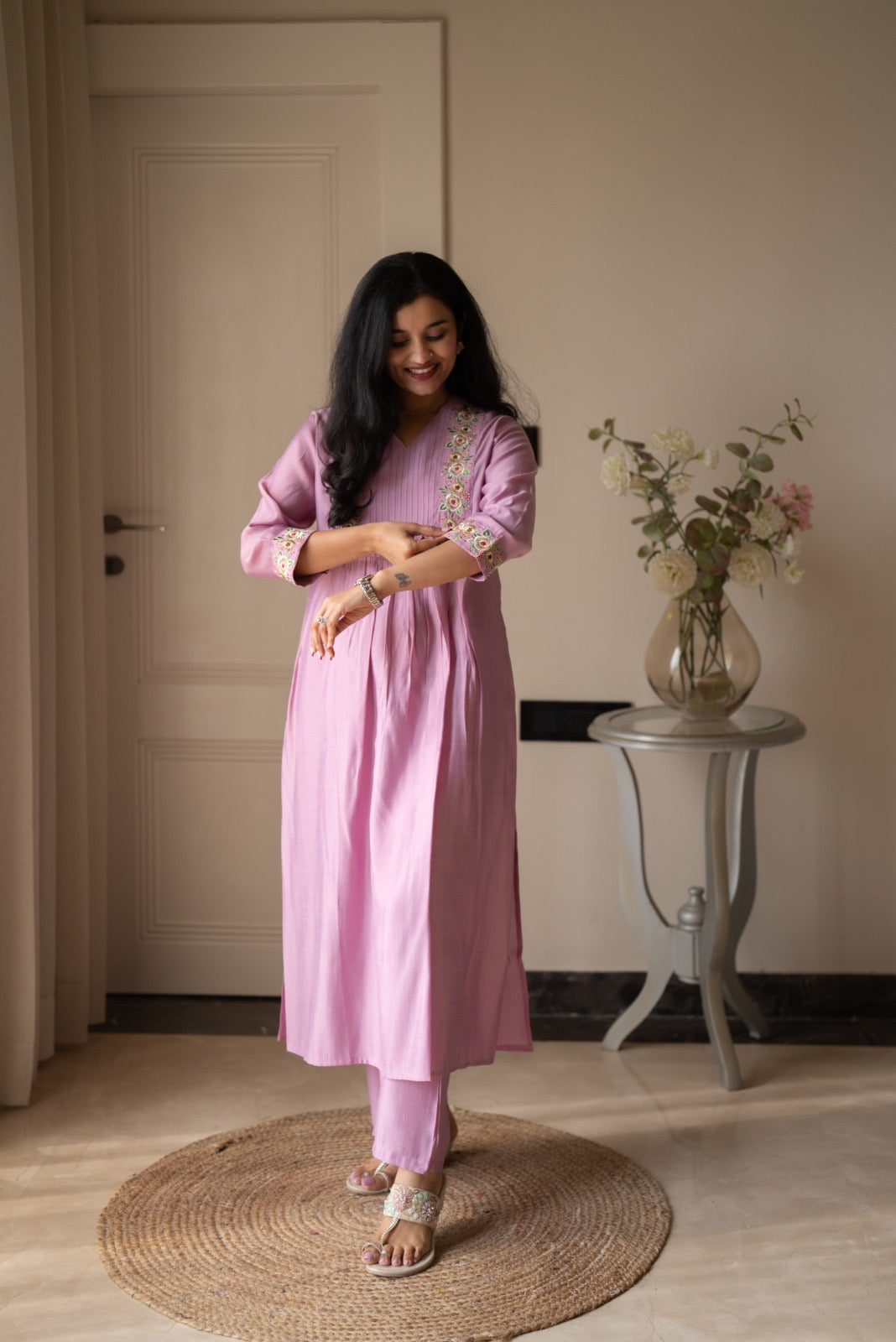 Amber Muslin Embroidered Pant Set- Pastel Pink