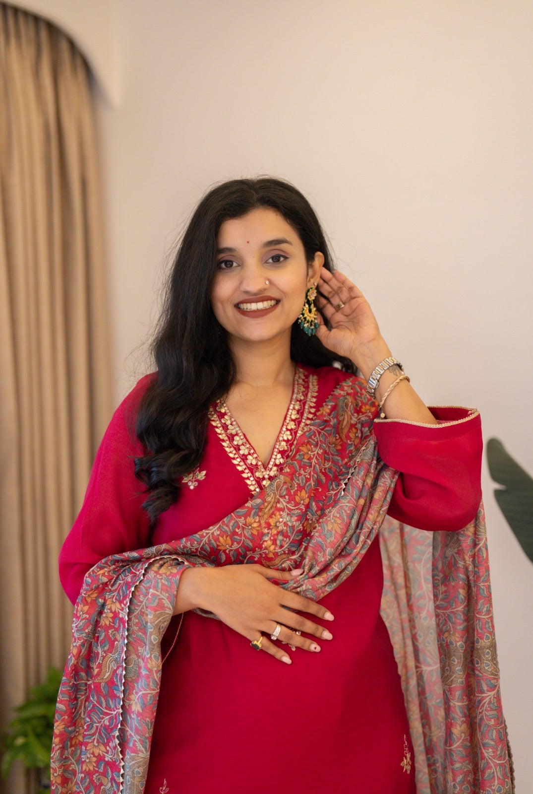 Samia Mul Chanderi Printed Dupatta Set- Dark Pink