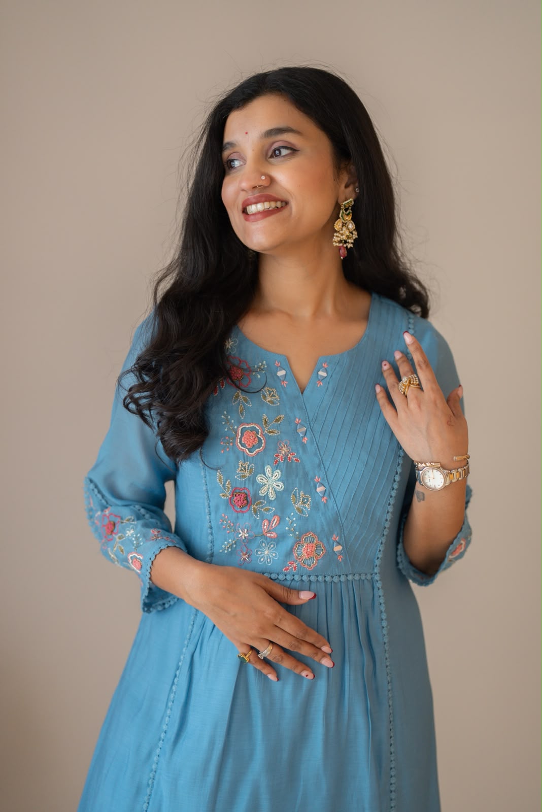 Aaina Embroidered Mul Chanderi Suit- Sky Blue