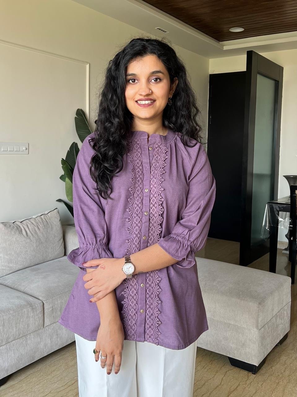 Tisha Cotton Embroidered Top- Purple