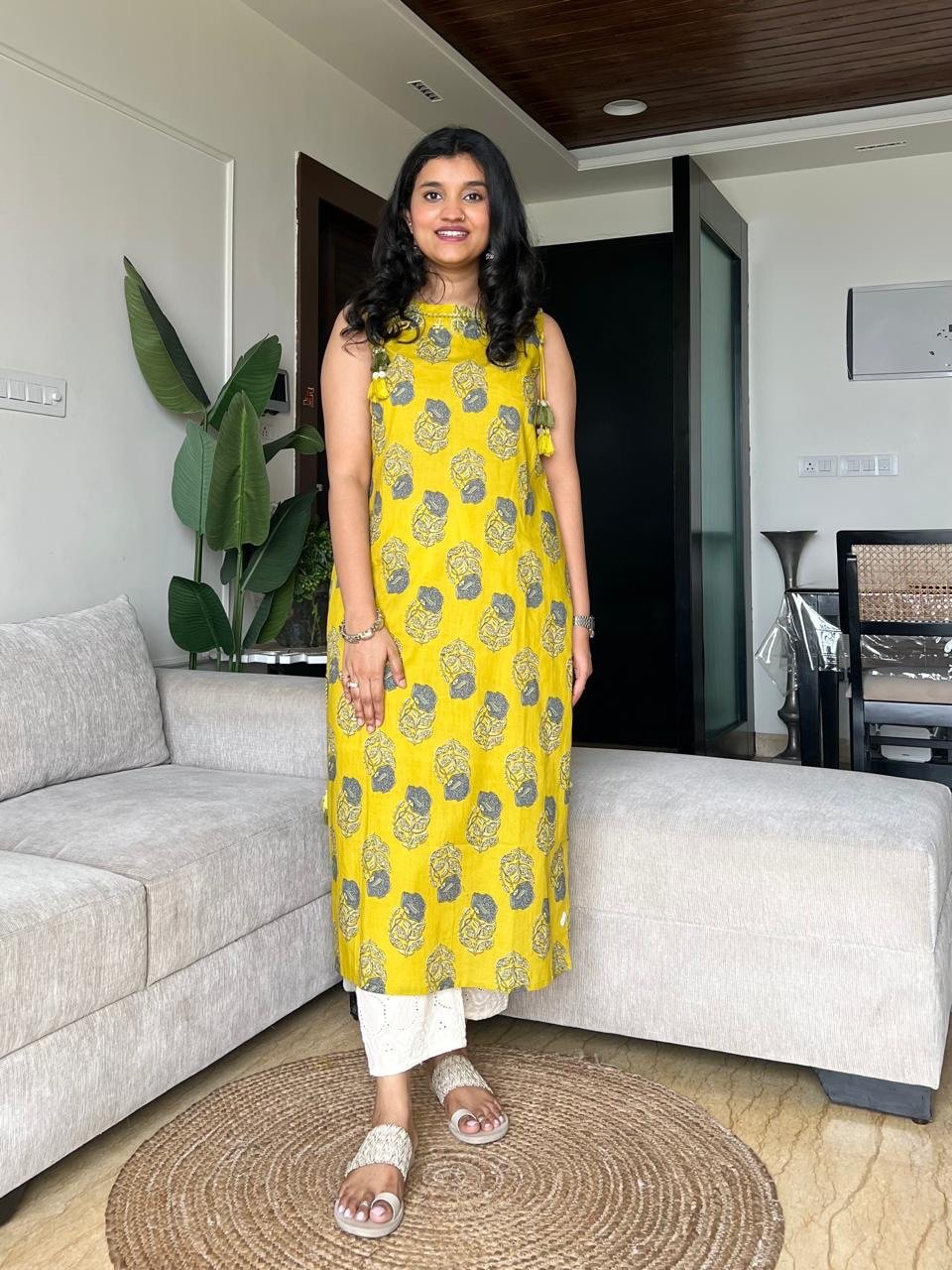 Roshni Sleeveless Cotton Tassel Kurta- Mustard