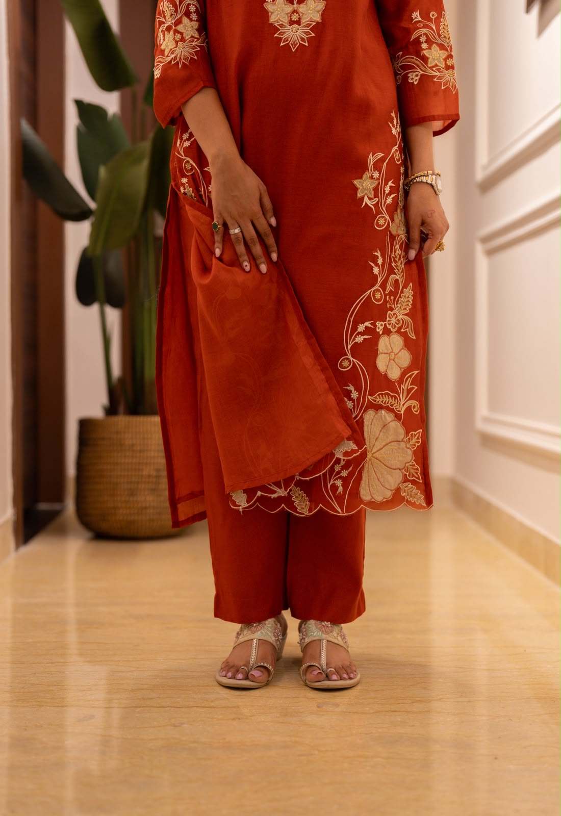 Varaha Mul Chanderi Luxe Suit- Rust