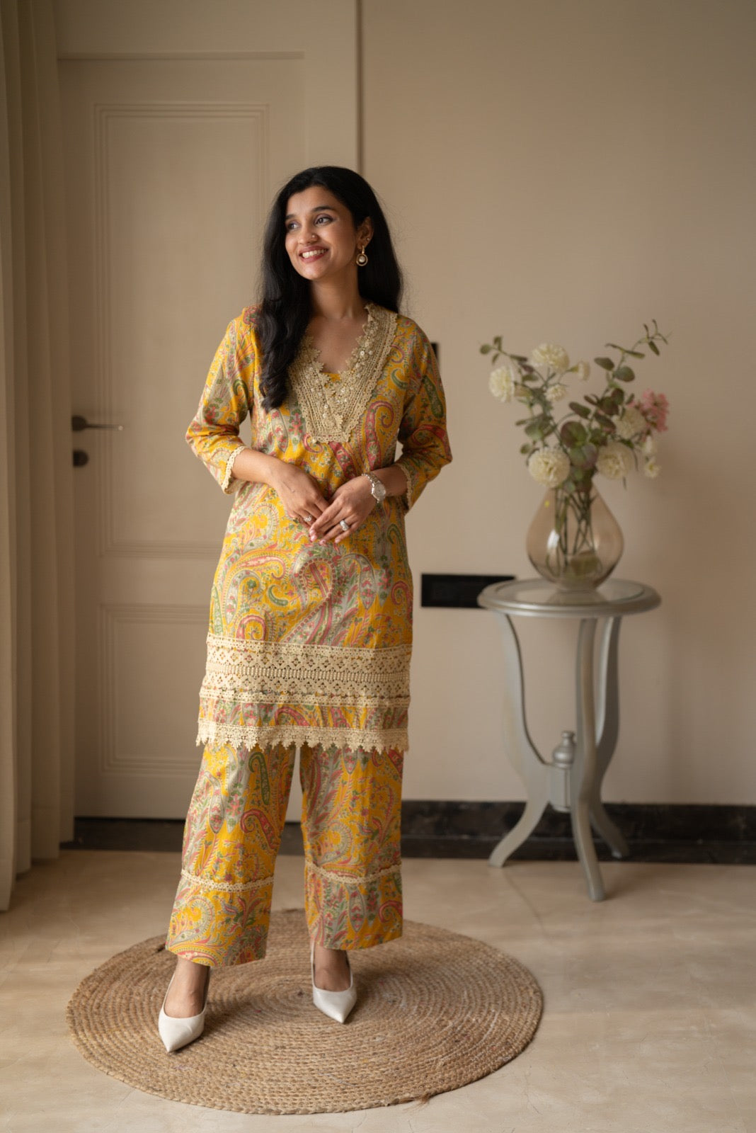 Nitara Farshi Lace Coord Set- Mustard