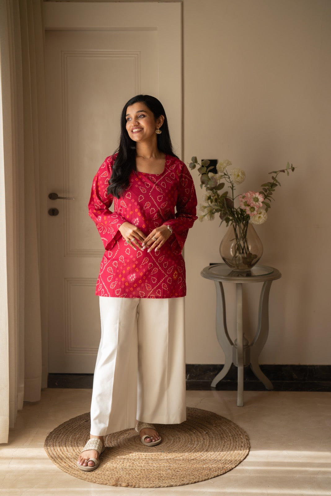 Griya Cotton Short Kurti- Pink Bandhej