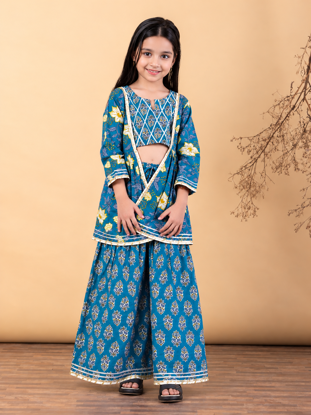 Ruhaani Girls’ Gharara Set- Light Blue boota