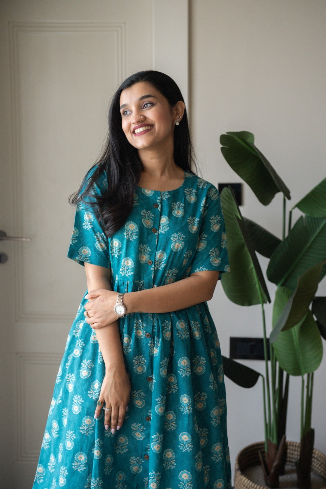 Drishy Maternity Cotton Dress- Blue Booti